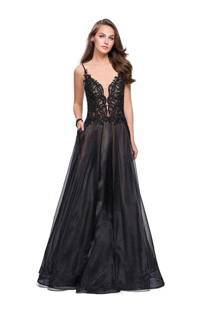 La Femme - 25701 Beaded Lace Deep V-neck Organza A-line Dress Special Occasion Dress 00 / Black