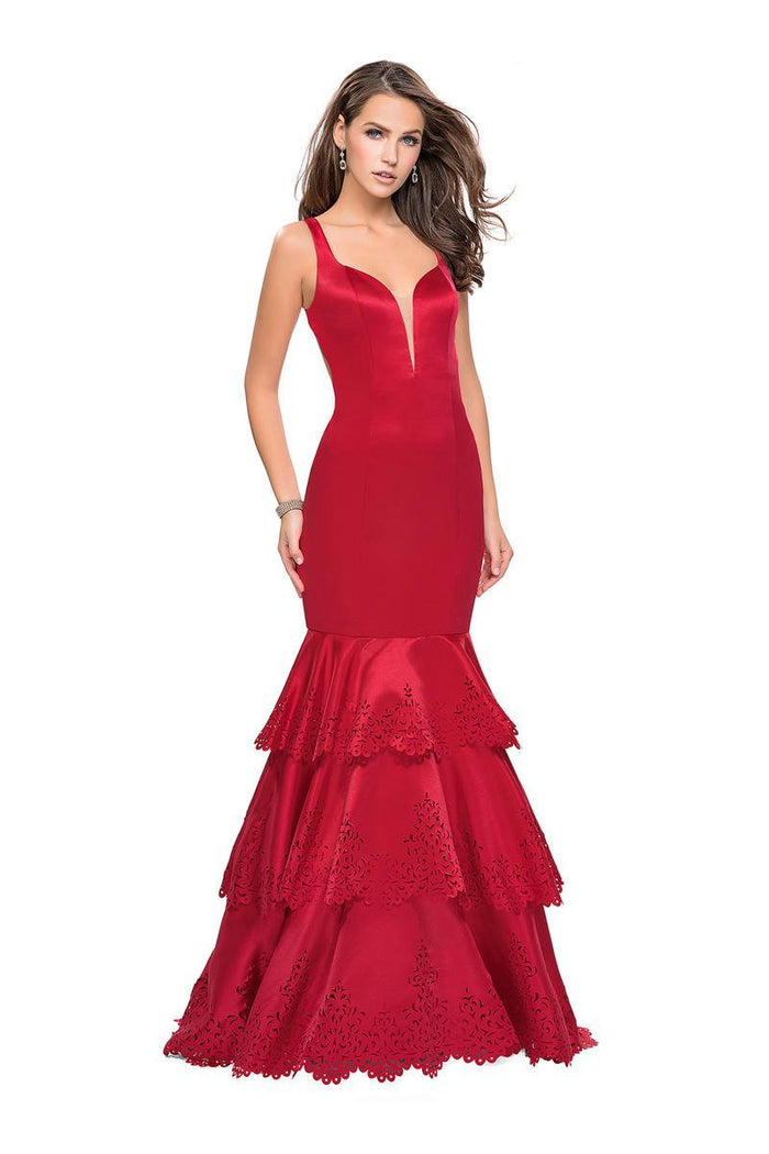 La Femme - 25749 Deep V-neck Satin Ruffled Mermaid Dress Special Occasion Dress 00 / Red