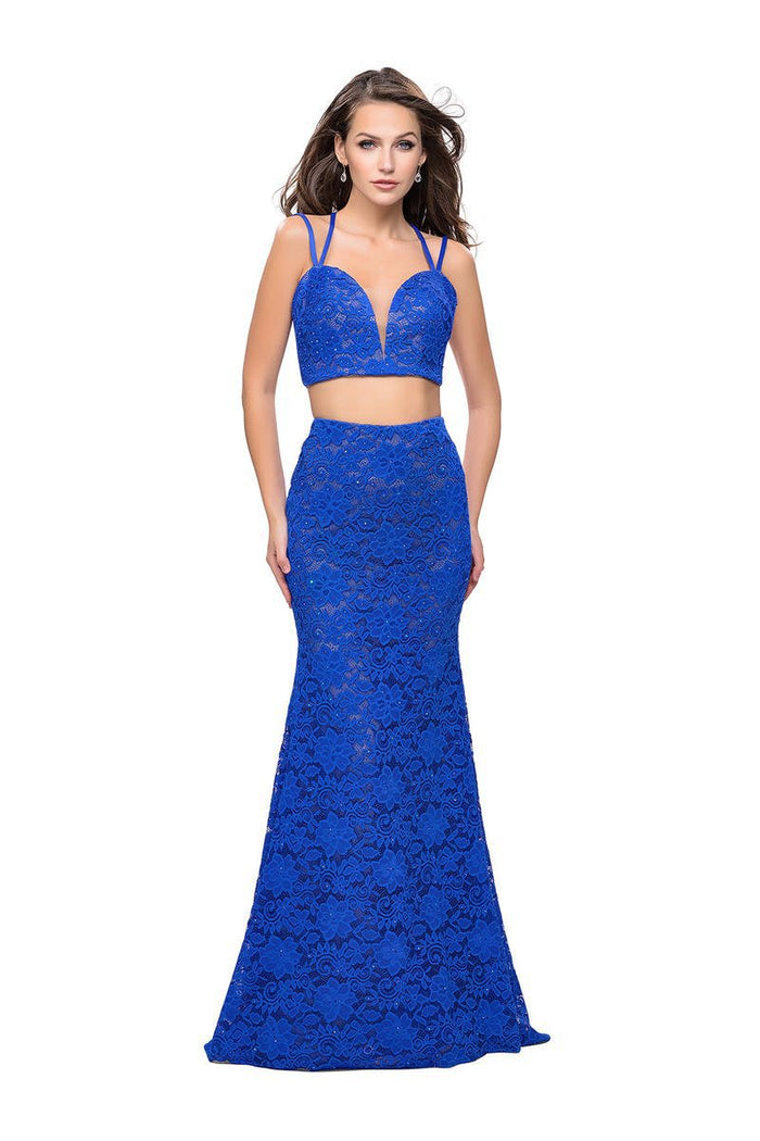 La Femme - 25771 Two Piece Beaded Lace Trumpet Dress Special Occasion Dress 00 / Electric Blue