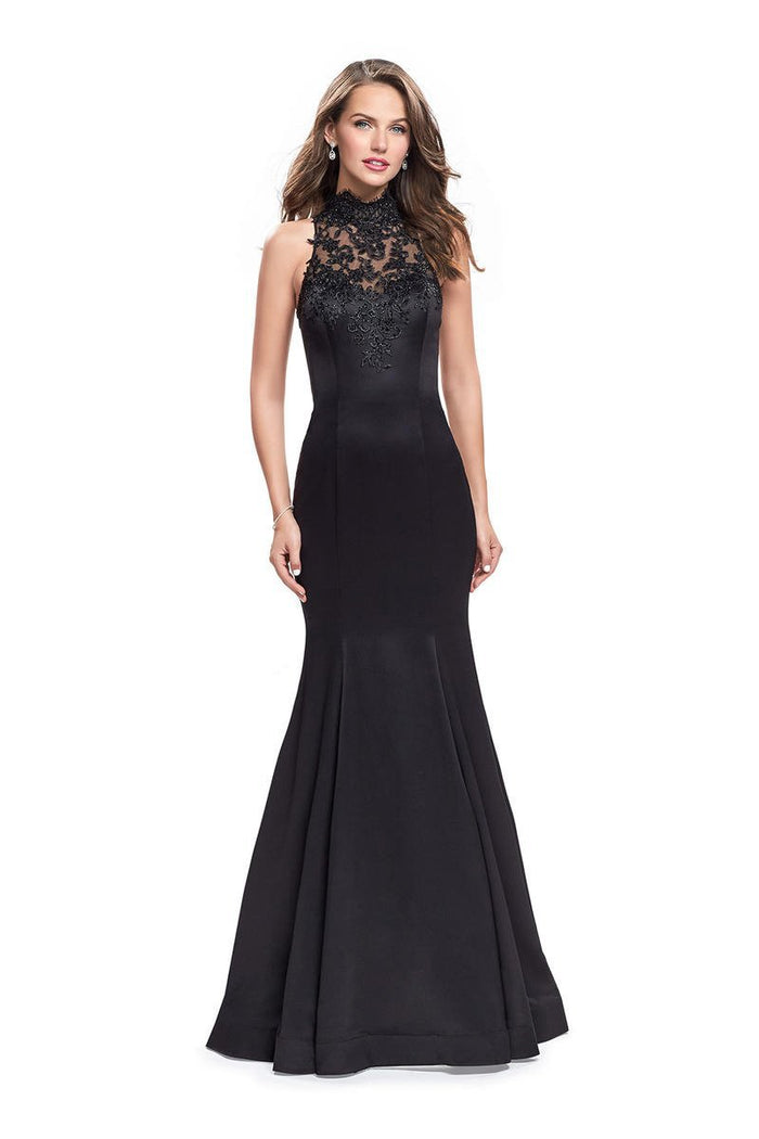 La Femme - 25792 Lace High Halter Satin Mermaid Dress Special Occasion Dress 00 / Black