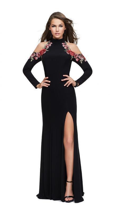 La Femme - 25807 Floral Applique Long Sleeve Sheath Dress Special Occasion Dress 00 / Black