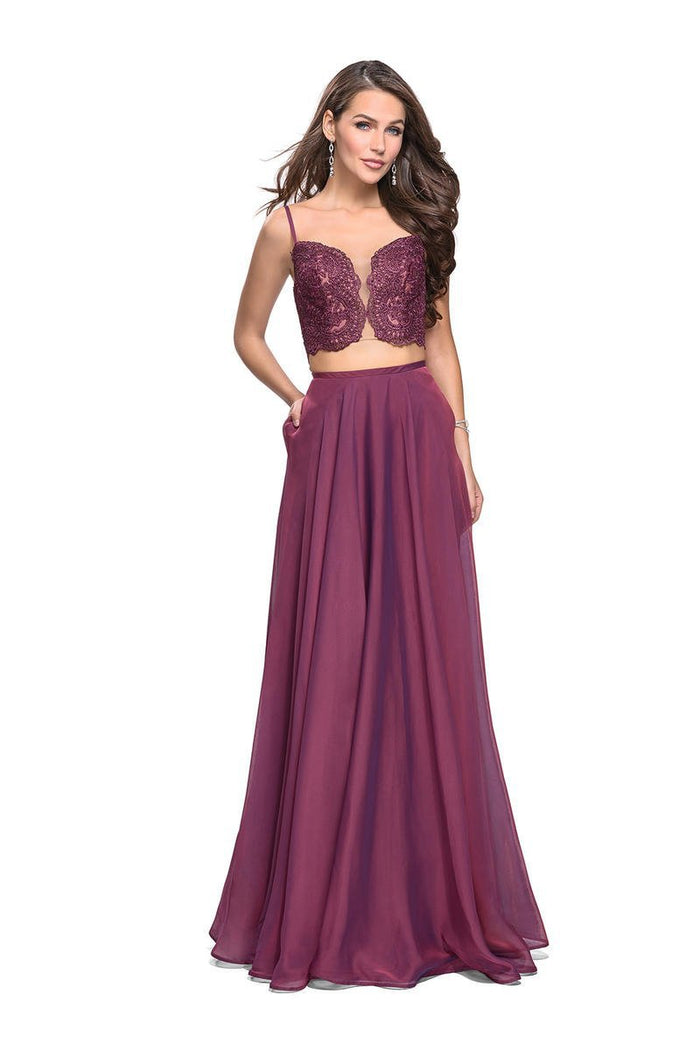 La Femme - 25830 Two Piece Beaded Lace Chiffon A-line Dress Special Occasion Dress 00 / Boysenberry