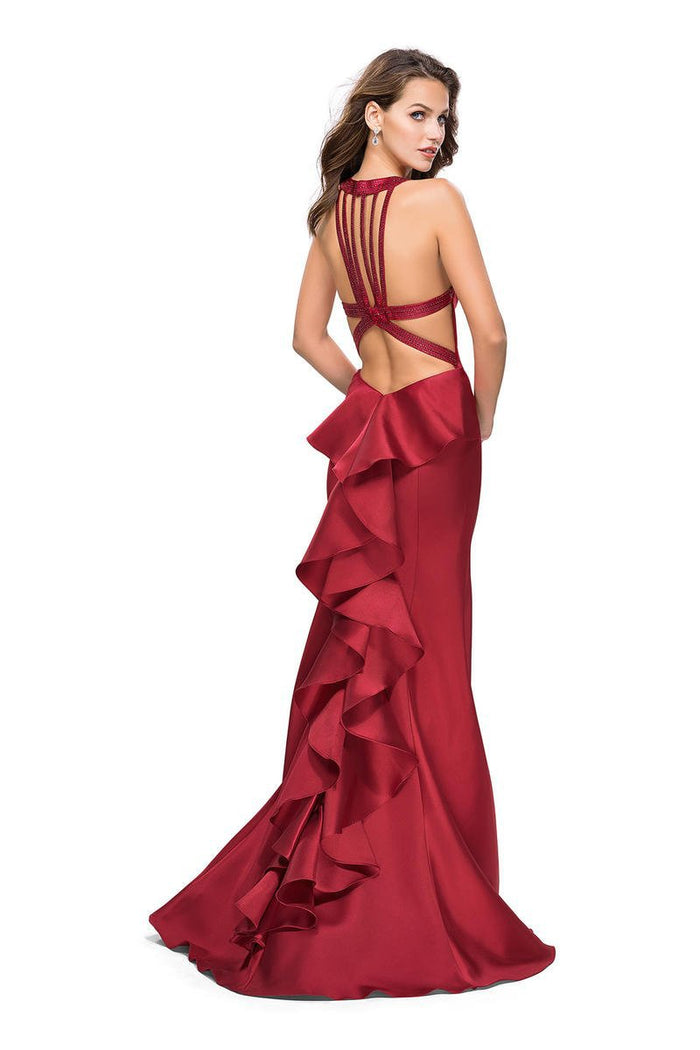 La Femme - 25838 Sleeveless High Halter Ruffled Mermaid Gown Special Occasion Dress 00 / Burgundy