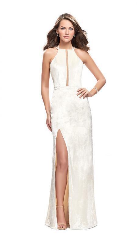 La Femme - 25861 Halter Neck Velvet Sheath Dress Special Occasion Dress 00 / Ivory