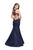 La Femme - 25885 Floral Printed Open Back Denim Trumpet Gown Special Occasion Dress