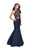 La Femme - 25885 Floral Printed Open Back Denim Trumpet Gown Special Occasion Dress