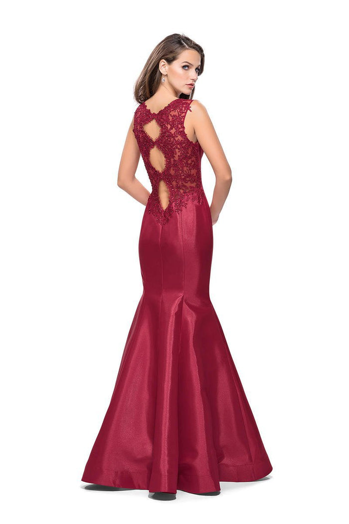 La Femme - 25972 Sleeveless Lace Cutout Back Mikado Mermaid Gown Special Occasion Dress 00 / Deep Red