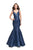La Femme - 25972 Sleeveless Lace Cutout Back Mikado Mermaid Gown Special Occasion Dress 00 / Navy