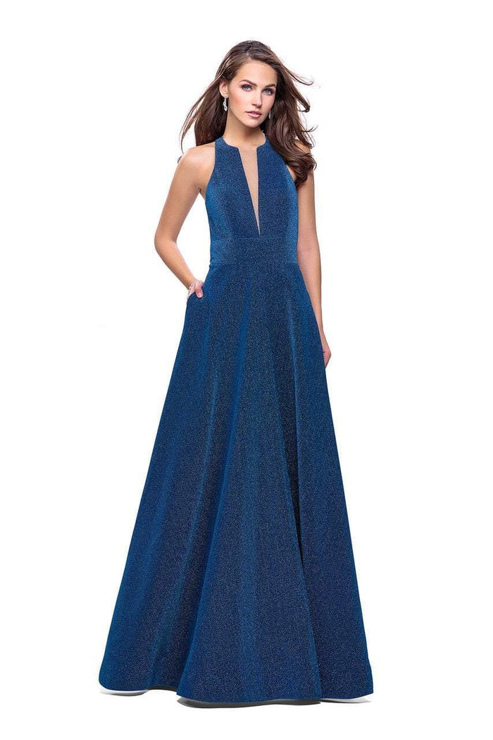 La Femme - 26073 Sparkling Mikado Halter A-line Gown Special Occasion Dress 00 / Blue/Gold