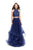 La Femme - 26077 Two-Piece Bejeweled High Halter Tulle Cascade Gown Special Occasion Dress 00 / Navy