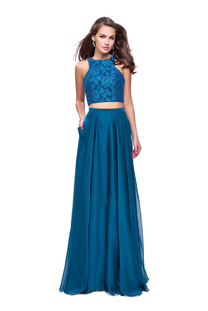 La Femme - 26087 Beaded Lace Two Piece Chiffon A-line Dress Special Occasion Dress 00 / Dark Teal