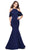 La Femme - 26145 Lace Trimmed High Halter Satin Mermaid Gown Formal Gowns 0 / Navy
