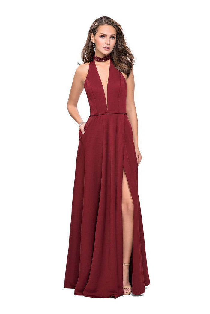 La Femme - 26154 Deep V-neck with Choker Satin A-line Gown Special Occasion Dress 00 / Burgundy