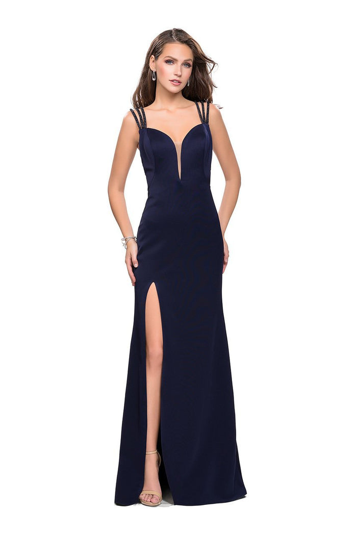 La Femme - 26167 Sweetheart Neck Strappy Back Fitted Gown Special Occasion Dress 00 / Navy