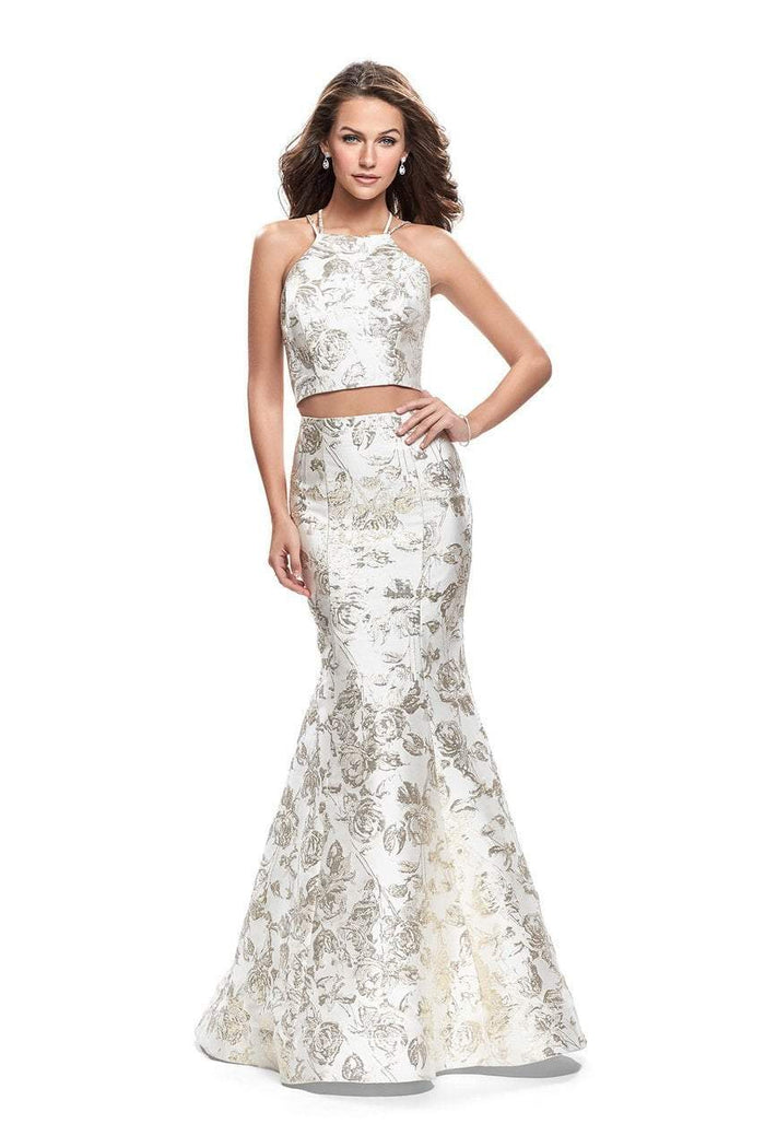 La Femme - 26202 Two Piece Gilded Print Jacquard Evening Gown Special Occasion Dress 00 / White/Gold