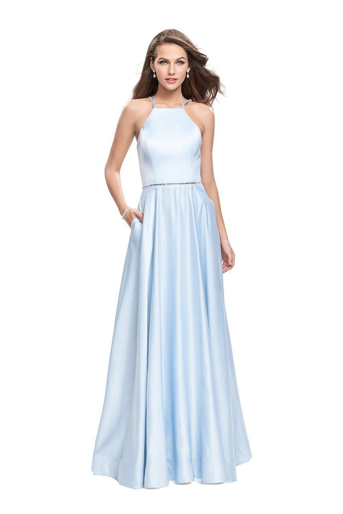 La Femme - 26269 High Halter Neck Stretch Satin Gown Special Occasion Dress 00 / Ice Blue