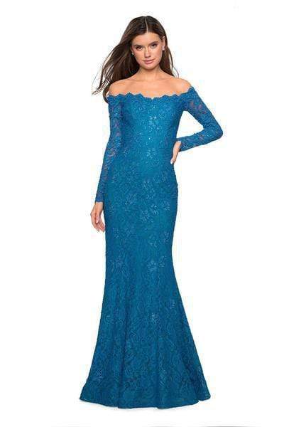 La Femme - 26393 Long Sleeve Off Shoulder Lace Trumpet Gown Special Occasion Dress 00 / Dark Turquoise