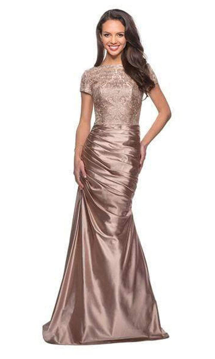 La Femme - 26404 Lace Bateau Ruched Trumpet Dress Special Occasion Dress 2 / Light Gold