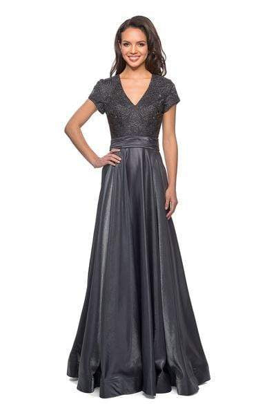La Femme - 26447 Jeweled Rosette Short Sleeve A-Line Gown Special Occasion Dress 2 / Platinum