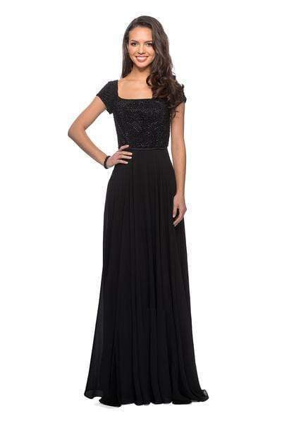 La Femme - 26512 Embellished Square Neck Chiffon A-line Dress Special Occasion Dress 2 / Black