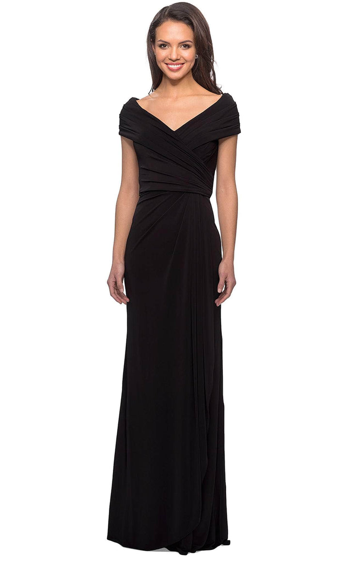 La Femme - 26519 Off Shoulder V Neck Long Sheath Jersey Gown Mother of the Bride Dresses 2 / Black