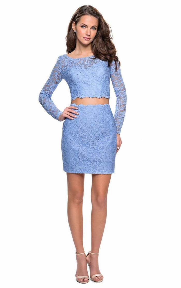 La Femme - 26767 Two Piece Lace Long Sleeves Dress Special Occasion Dress 00 / Cloud Blue