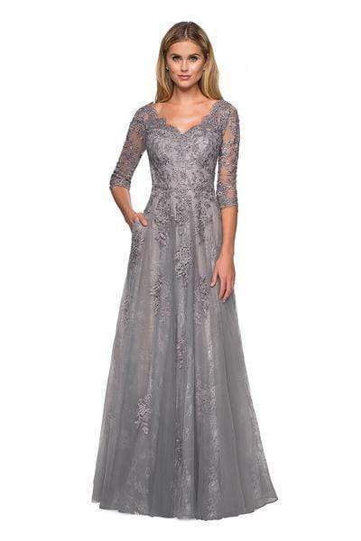 La Femme - 26959 Floral Embroidered V-Neck A-Line Dress Special Occasion Dress 4 / Platinum