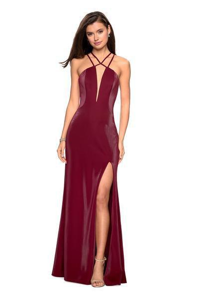 La Femme - 26963 Strappy Halter Cutouts Gown with Slit Special Occasion Dress 00 / Burgundy