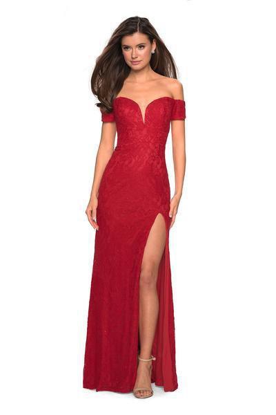 La Femme - 26998 Off-Shoulder Mermaid Gown with Slit Special Occasion Dress 00 / Deep Red