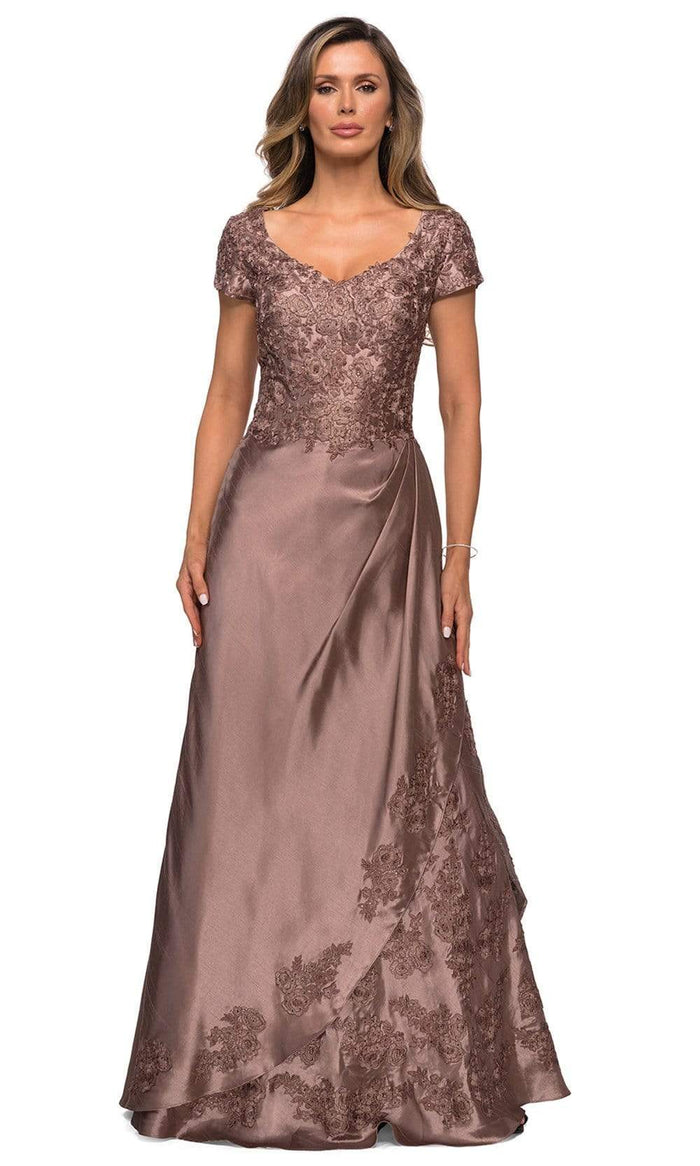La Femme - 27033 Floral Embroidery Stretch Satin A-Line Gown Mother of the Bride Dresses 4 / Cocoa
