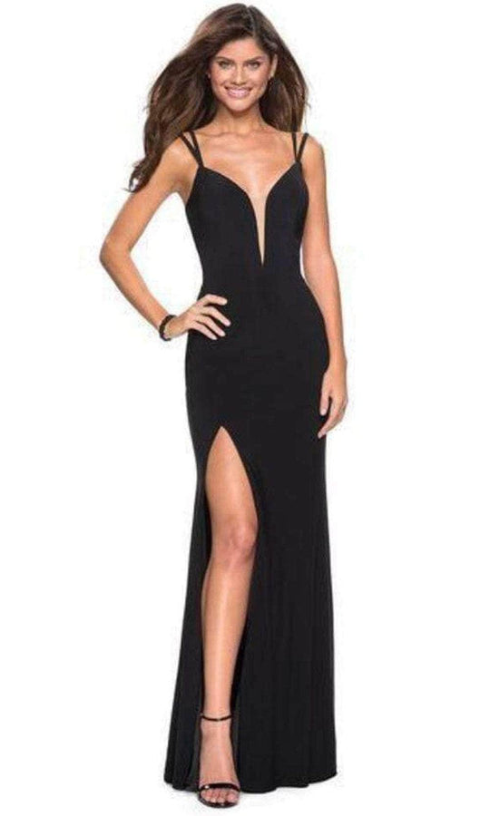 La Femme - 27072 Plunging Strappy Back High Slit Gown