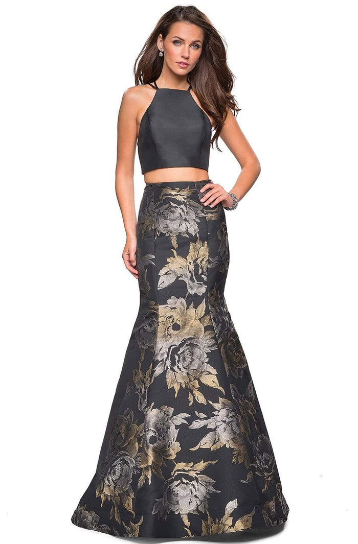 La Femme - 27083 Two Piece Halter Jacquard Mermaid Dress Evening Dresses 00 / Black/Gold
