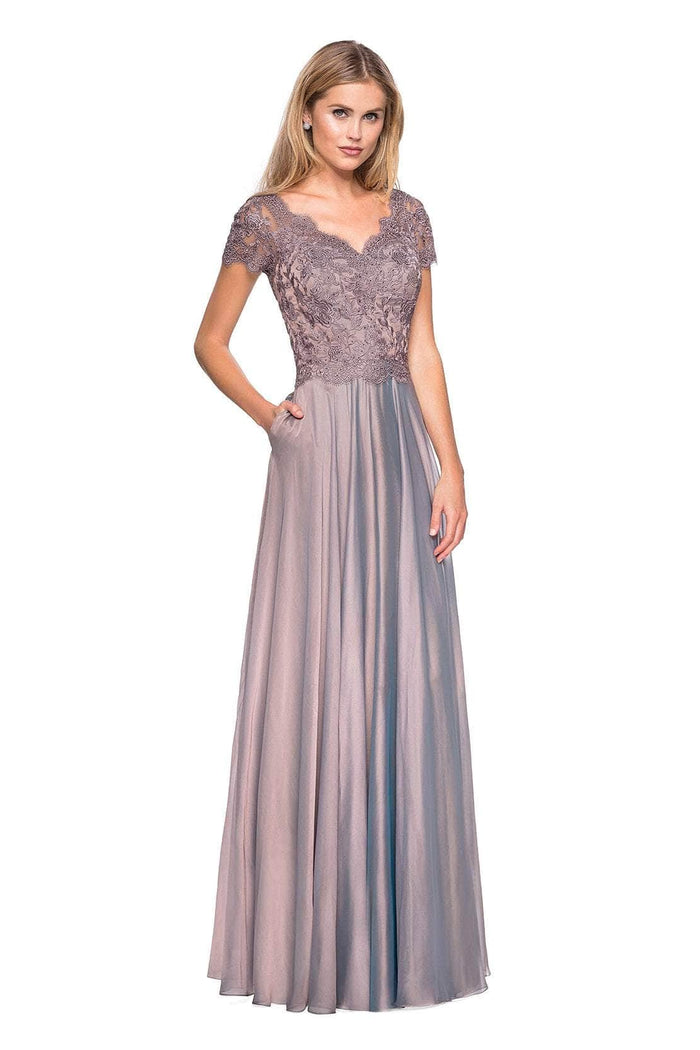 La Femme - 27098 Embordered Lace Bodice Chiffon A- Line Gown Mother of the Bride Dresses 0 / Cocoa