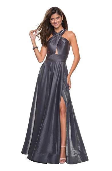 La Femme - 27151 Crisscross Halter Cutout Long Gown Special Occasion Dress 00 / Platinum