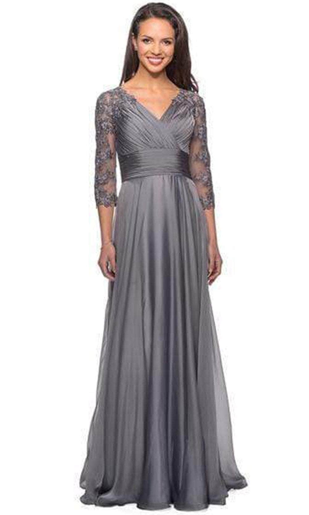 La Femme - 27153 Sheer Lace Quarter Sleeves Empire Waist Chiffon Gown ...