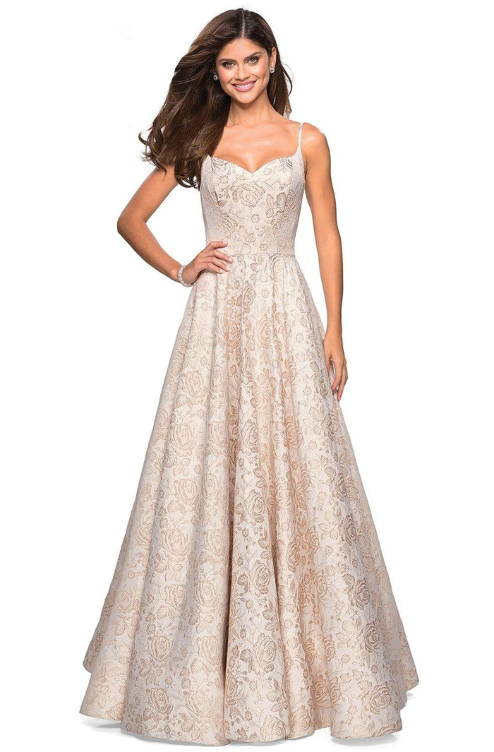 La Femme - 27162 Floral Sweetheart Pleated A-Line Gown Special Occasion Dress 00 / Light Gold