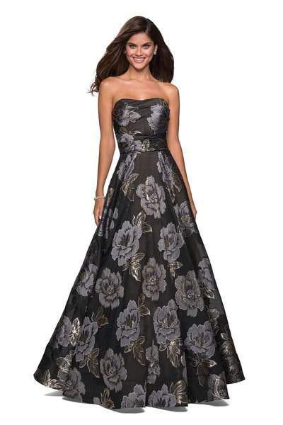 La Femme - 27207 Floral Metallic Strapless A-Line Gown Special Occasion Dress 00 / Black/Gold