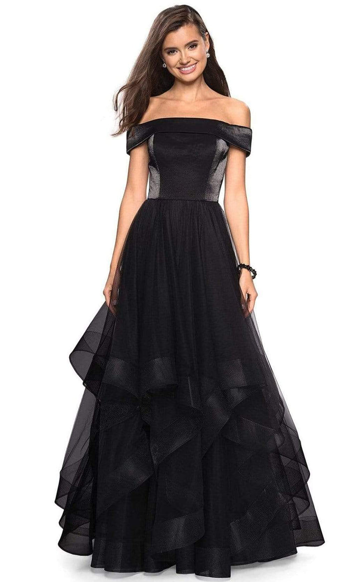 La Femme - 27224 Off-Shoulder Pleated A-Line Gown Prom Dresses 00 / Black