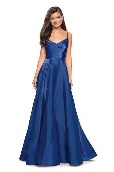 La Femme - 27226 Pleated V-neck Satin A-line Dress Special Occasion Dress 00 / Marine Blue
