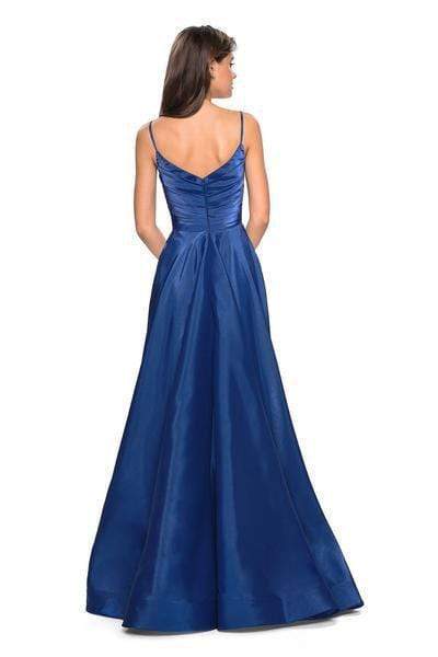 La Femme - 27226 Pleated V-neck Satin A-line Dress – Couture Candy