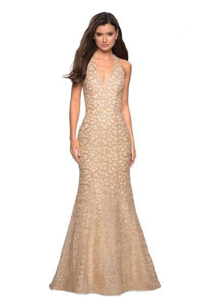 La Femme - 27228 Metallic Lace Deep Halter V-neck Mermaid Dress Special Occasion Dress 00 / Light Gold