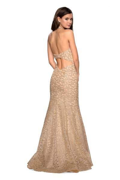 La Femme - 27228 Metallic Lace Deep Halter V-neck Mermaid Dress