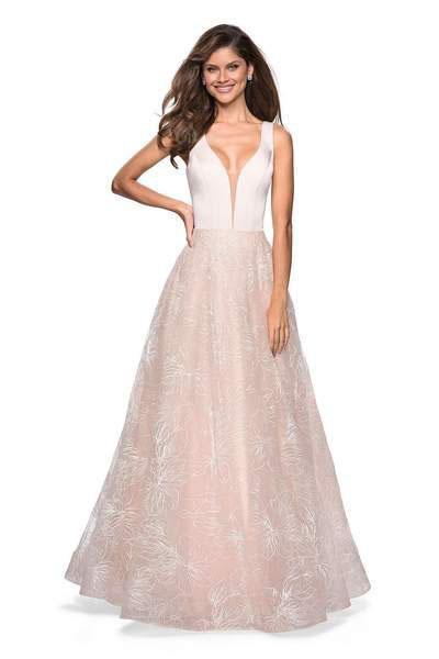 La Femme - 27325 Floral Sequined Lace Deep V-neck A-line Dress Special Occasion Dress 00 / Pale Pink