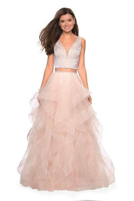 La Femme - 27445 Two-Piece Plunging Beaded Bodice Tiered Gown