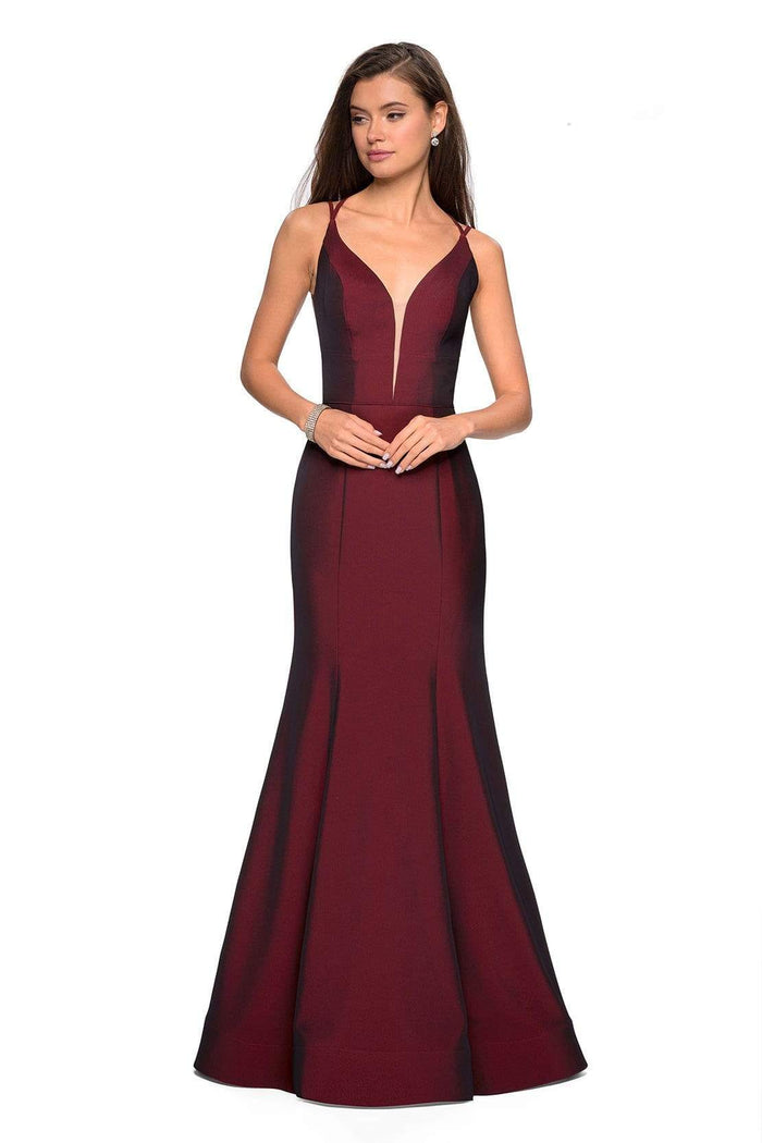 La Femme - 27446 Long Strappy Back Trumpet Gown Special Occasion Dress 00 / Burgundy
