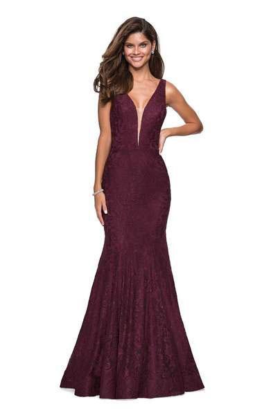 La Femme - 27464 Deep V-neck Stretch Lace Trumpet Dress
