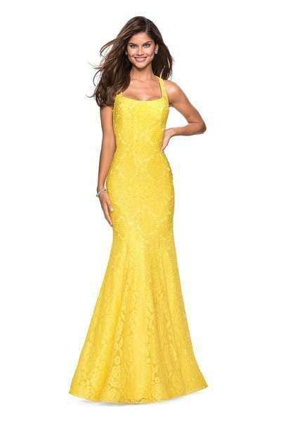 La Femme - 27484 Jewel-Sprinkled Square Neck Trumpet Gown Special Occasion Dress 00 / Yellow