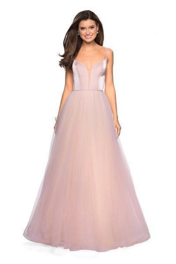 La Femme - 27485 Two Tone Deep V-neck Satin Tulle A-line Dress Special Occasion Dress 00 / Blush