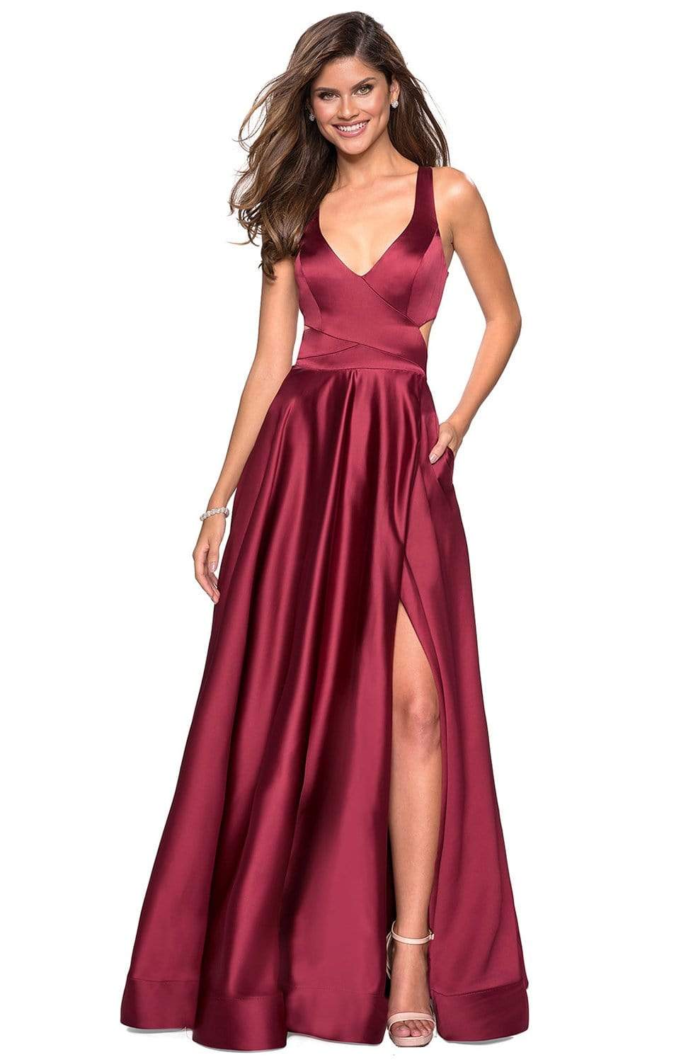 La Femme 27487 Plunging Halter V-Neck A-line Prom Dress - Couture Candy