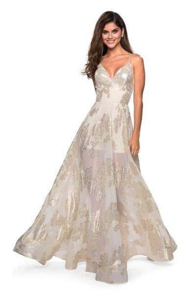 La Femme - 27547 Metallic Floral Plunging V-neck A-line Dress Special Occasion Dress 00 / Ivory/Gold